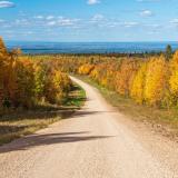 Eine Schotterstraße durch die bunten Wälder Saskatchewans